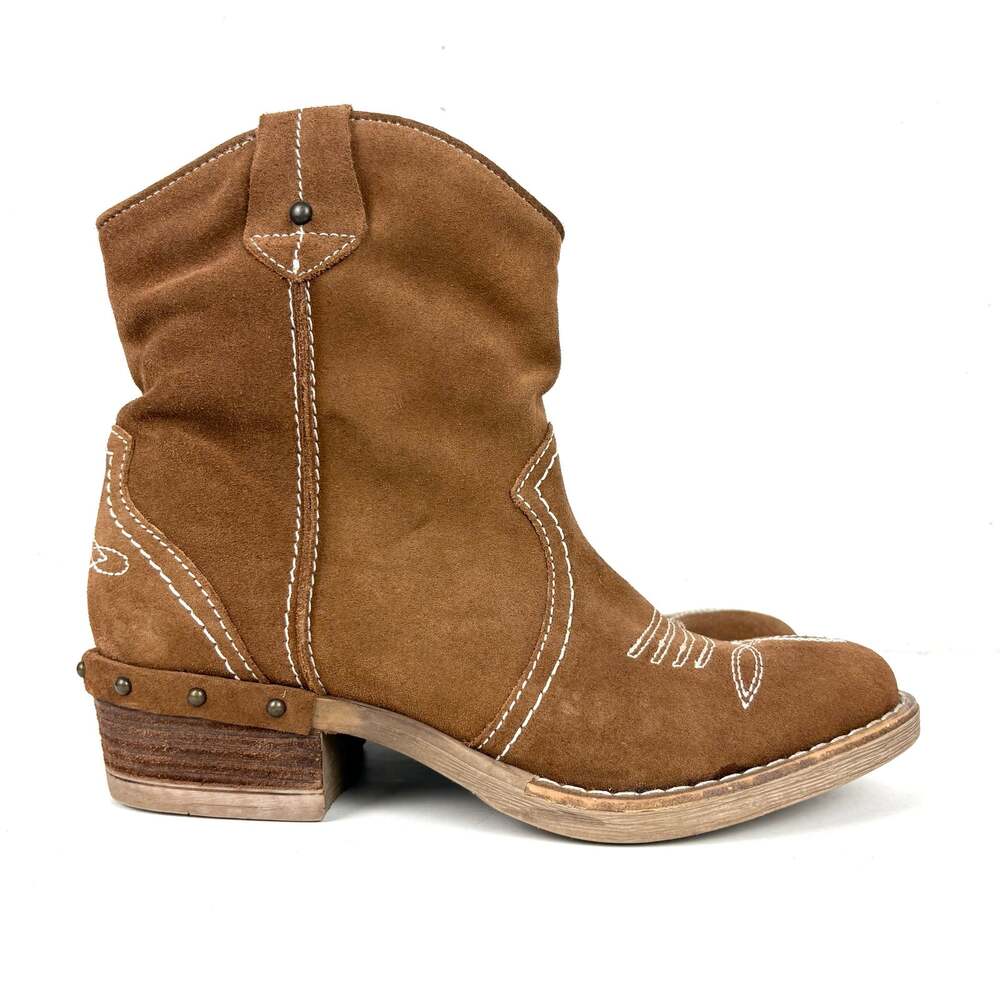 Sundance Catalog Etta Suede Western Slouchy Ankle Boots Side Zip Wood Heel 38
